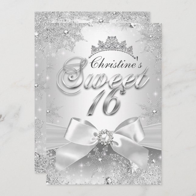 Invitation Princess Winter Wonderland Silver Sweet 16 Invitat (Devant / Derrière)