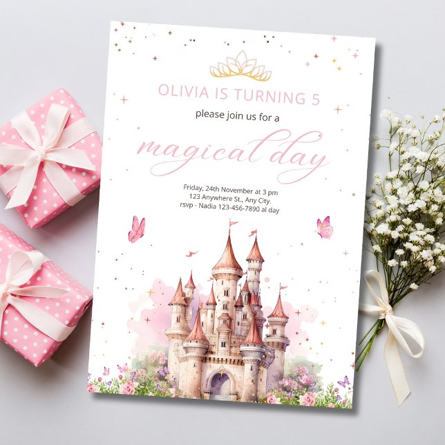 Invitation Princesse 1er Anniversaire Château Royal Rose Cont (Créateur téléchargé)
