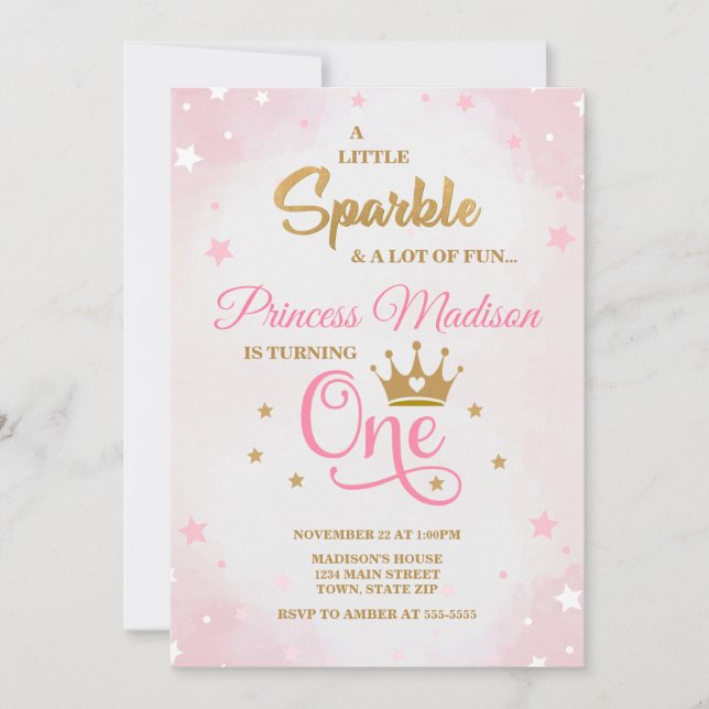 Invitation Princesse 1er Anniversaire Invitation, Rose & Or (Devant)