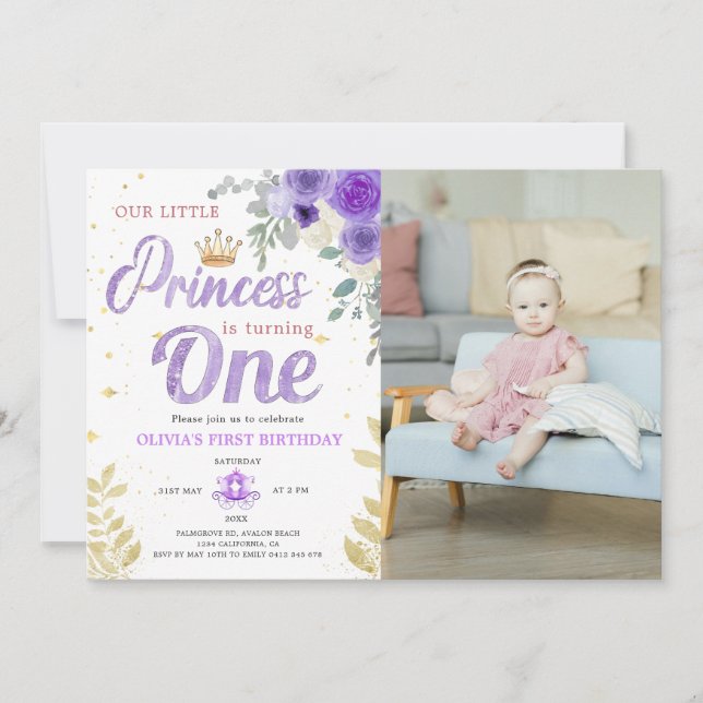 Invitation Princesse 1Er Anniversaire Photo Crown Lilac Purpl (Devant)