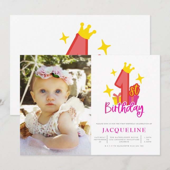 Invitation Princesse 1ère fête d'anniversaire (Devant / Derrière)