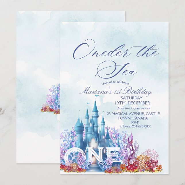 Invitation Princesse À L'Une Du Château De La Mer Joyeux Anni (Devant / Derrière)