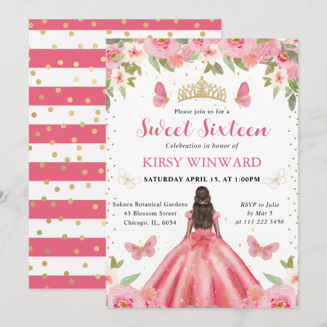 Invitation Princesse à peau foncée en robe rose, fête des 16  (Devant / Derrière)