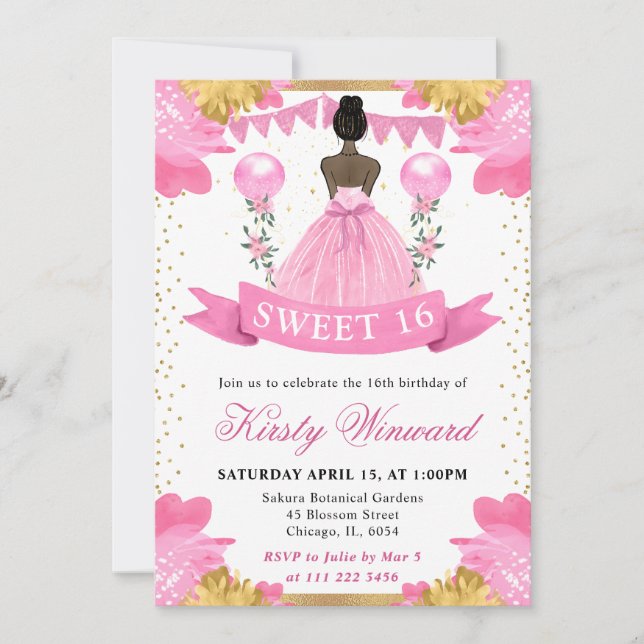 Invitation Princesse à peau foncée en robe rose, fête des 16  (Devant)