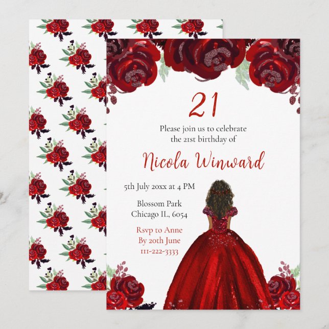 Invitation Princesse à peau foncée Fête d'anniversaire floral (Devant / Derrière)