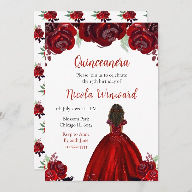Invitation Princesse à peau foncée Quinceanera à fleurs rouge (Devant / Derrière)
