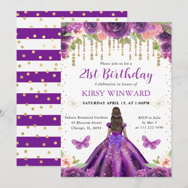 Invitation Princesse à peau foncée Robe violette Anniversaire (Devant / Derrière)