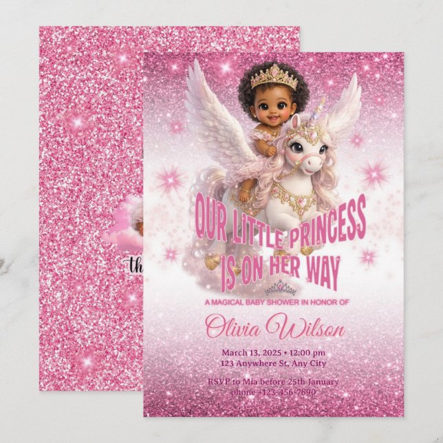 Invitation Princesse africaine sur licorne Fête de naissance  (Devant / Derrière)