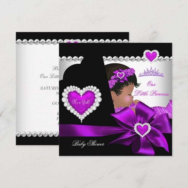 Invitation Princesse Afro-Américaine Baby Shower Fille Violet (Devant / Derrière)
