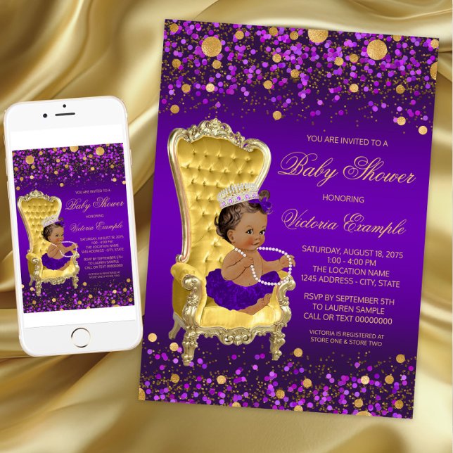 Invitation Princesse Afro-Américaine Fête de Naissance Violet (Purple Gold Princess Baby Shower Invitation. Instant download and printed invitations available.)