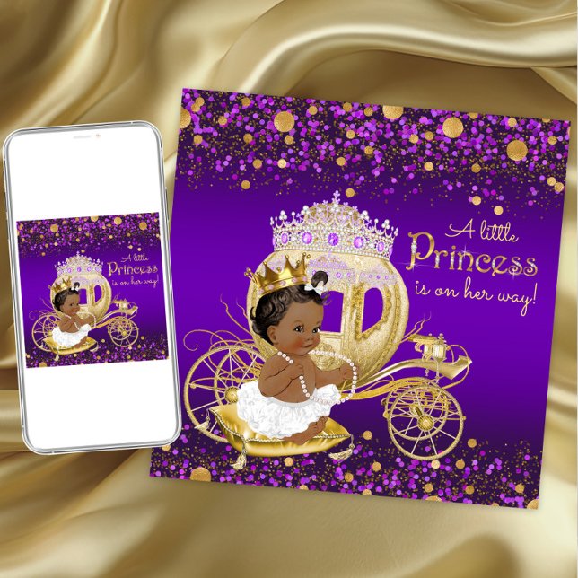 Invitation Princesse Afro-Américaine Fête de Naissance Violet (Purple gold princess baby shower invitation. Instant download and printed invitations available.)