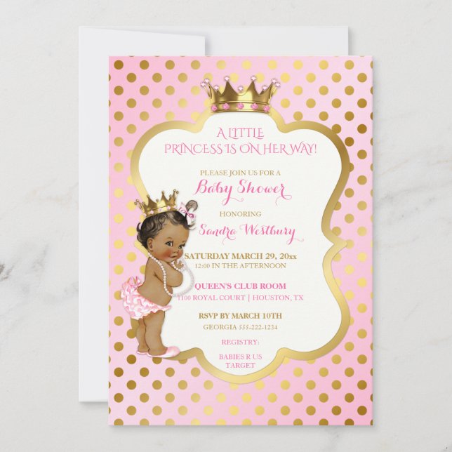 Invitation Princesse Afro-Américaine Rose et Or Bébé Fille (Devant)