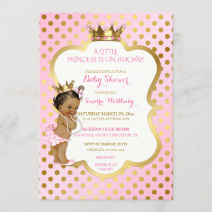 Invitation Princesse Afro-Américaine Rose et Or Bébé Fille