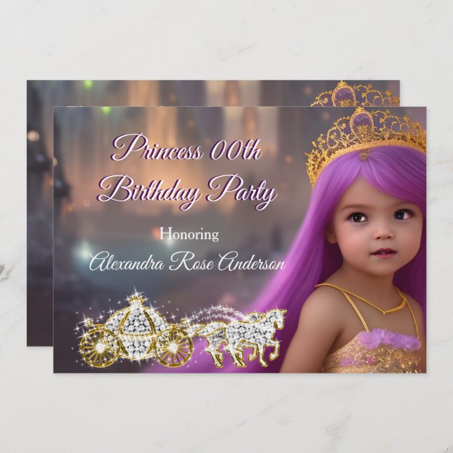 Invitation Princesse Anniversaire Carrie violet doré (Devant / Derrière)