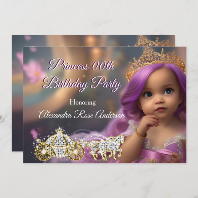 Invitation Princesse Anniversaire Carriple golden violet 2 (Devant / Derrière)