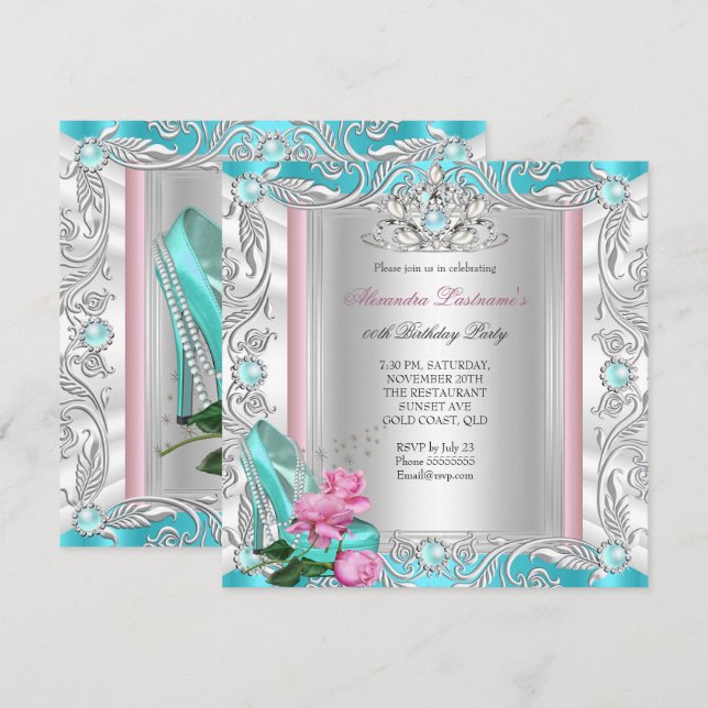 Invitation Princesse Anniversaire Fête Turquoise Rose Haut ta (Devant / Derrière)