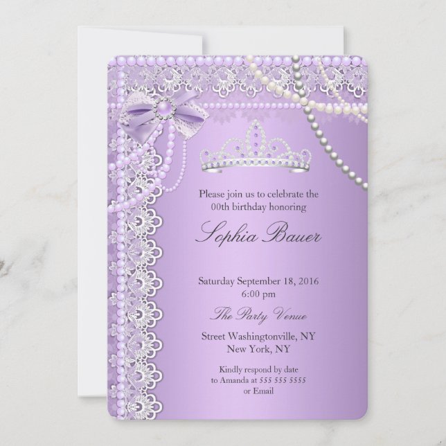 Invitation Princesse Anniversaire Ruban Dentelle Perle Violet (Devant)