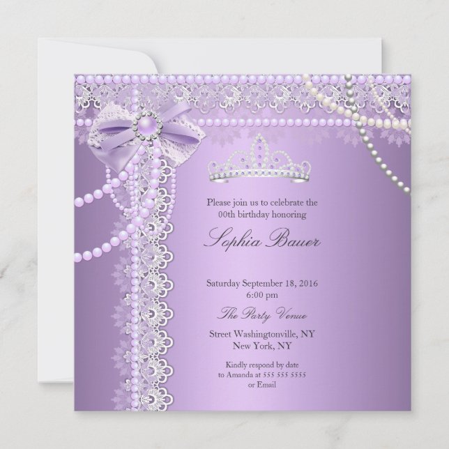 Invitation Princesse Anniversaire Ruban Dentelle Perle Violet (Devant)