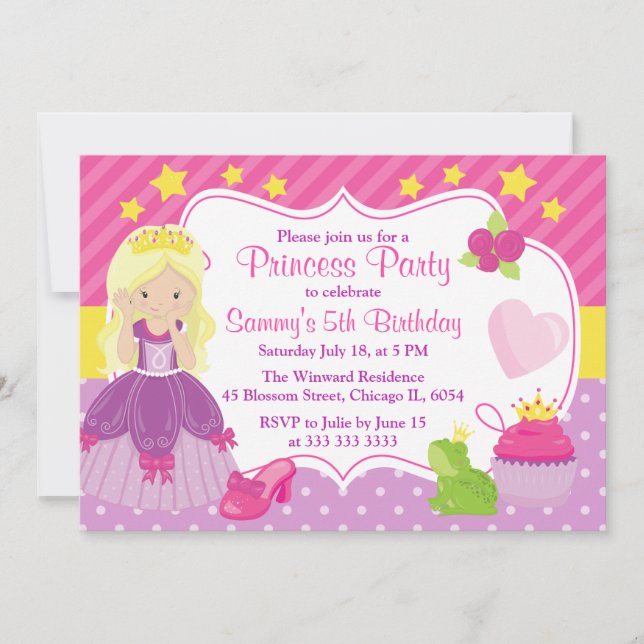Invitation Princesse aux cheveux blonds & Accessoires anniver (Devant)