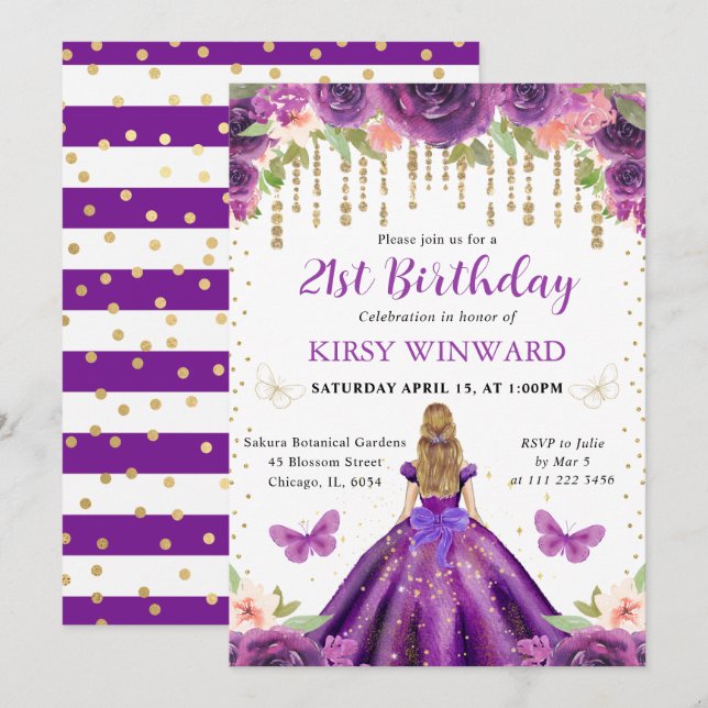 Invitation Princesse aux Cheveux Blonds en Robe Violette Anni (Devant / Derrière)