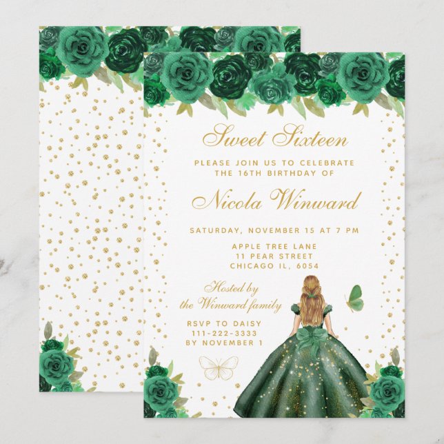Invitation Princesse aux Cheveux Blonds Fleur Verte Sweet Sei (Devant / Derrière)