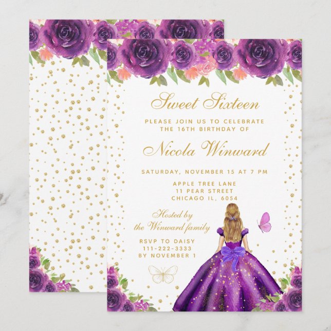 Invitation Princesse aux Cheveux Blonds Fleur Violette Sweet  (Devant / Derrière)
