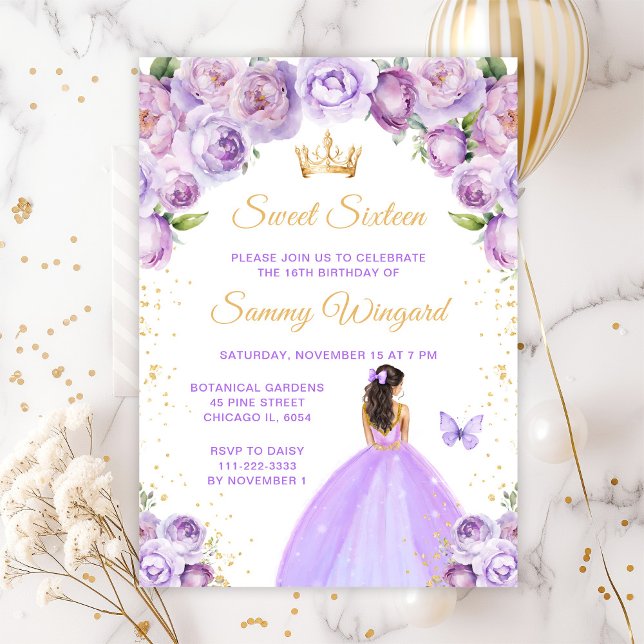 Invitation Princesse aux Cheveux Brun Clair Violet Douce Seiz (Créateur téléchargé)