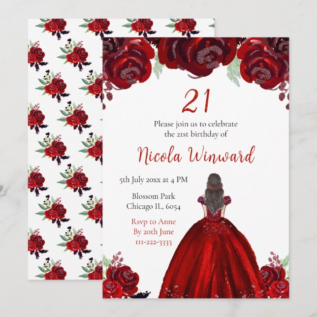 Invitation Princesse aux Cheveux Bruns Fête d'Anniversaire Fl (Devant / Derrière)