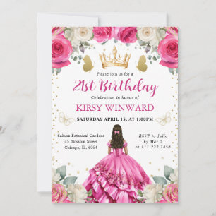 Invitation Princesse aux Cheveux Bruns Robe Rose Anniversaire