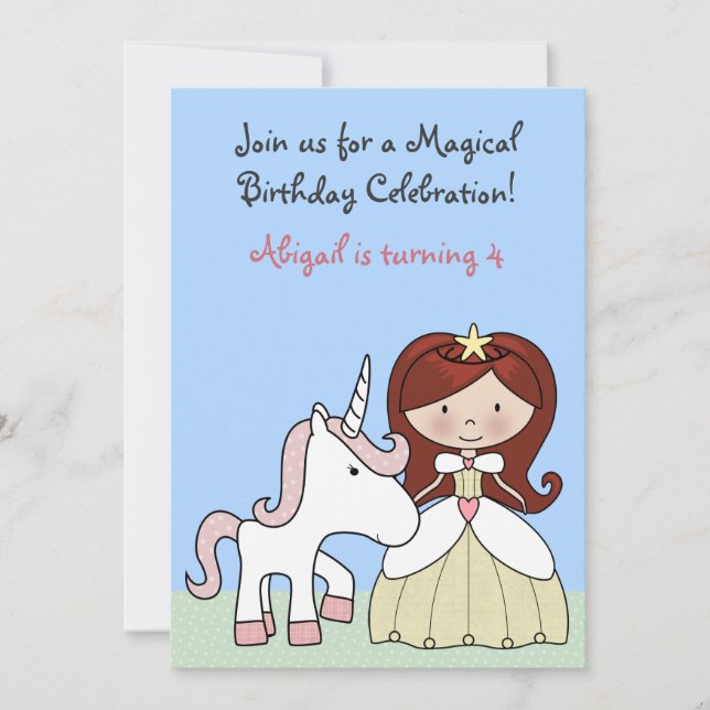 Invitation Princesse aux cheveux rouges et mignonne Unicorne  (Devant)