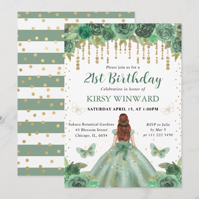 Invitation Princesse aux Cheveux Rouges et Robe Verte Anniver (Devant / Derrière)