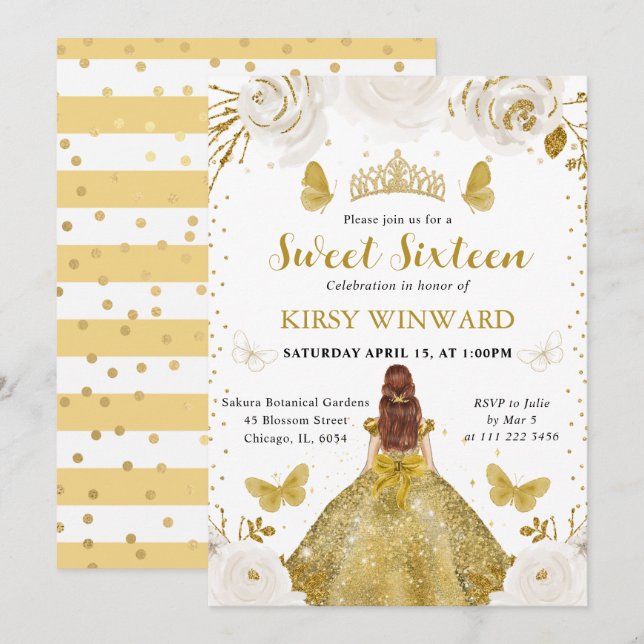 Invitation Princesse aux Cheveux Rouges Robe Dorée Sweet 16 (Devant / Derrière)