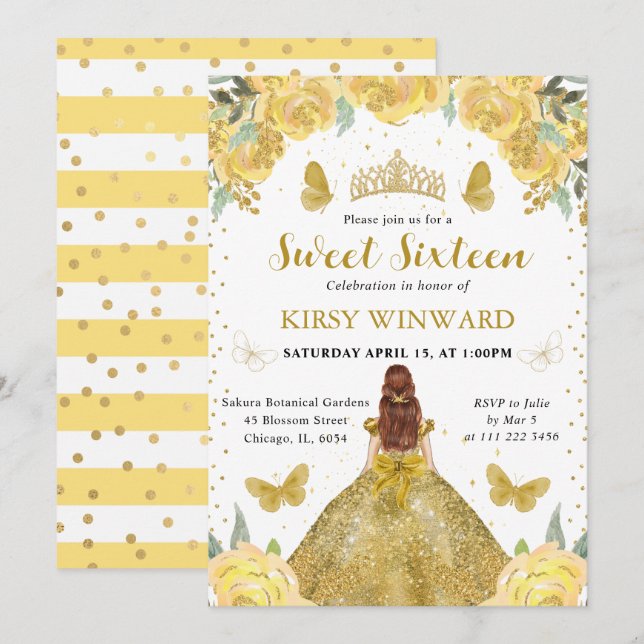 Invitation Princesse aux Cheveux Rouges Robe Dorée Sweet 16 (Devant / Derrière)