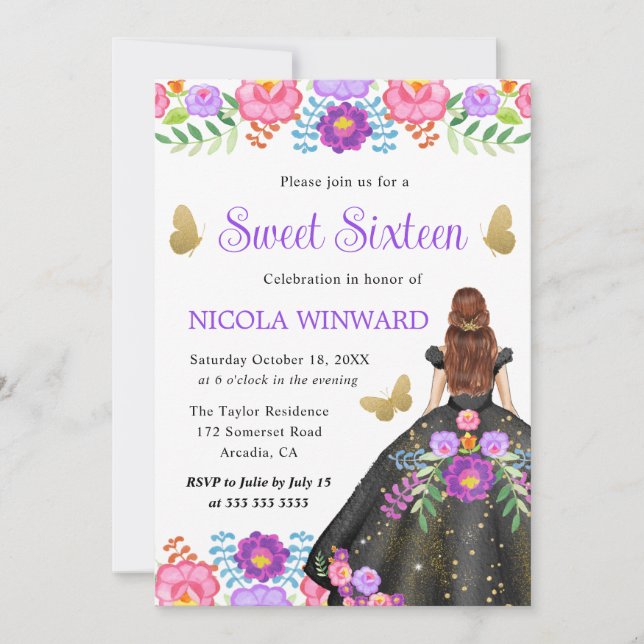 Invitation Princesse aux Cheveux Rouges Robe Florale Mexicain (Devant)