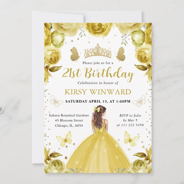 Invitation Princesse aux Cheveux Rouges Robe Jaune Anniversai (Devant)