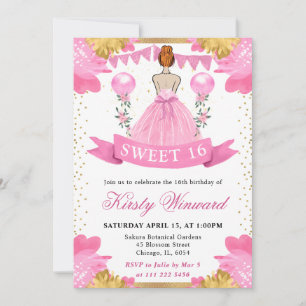 Invitation Princesse aux Cheveux Roux en Robe Rose Douze Ans