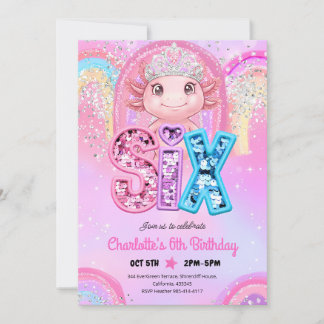 Invitation Princesse Axolotl 6ème Anniversaire Sequins Arc-en