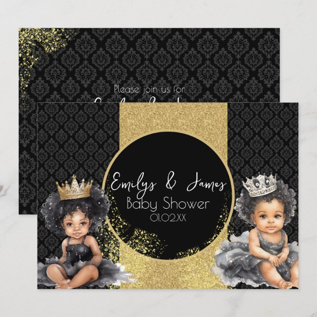 Invitation Princesse Baby Gold Black Baby Twins Douche (Devant / Derrière)