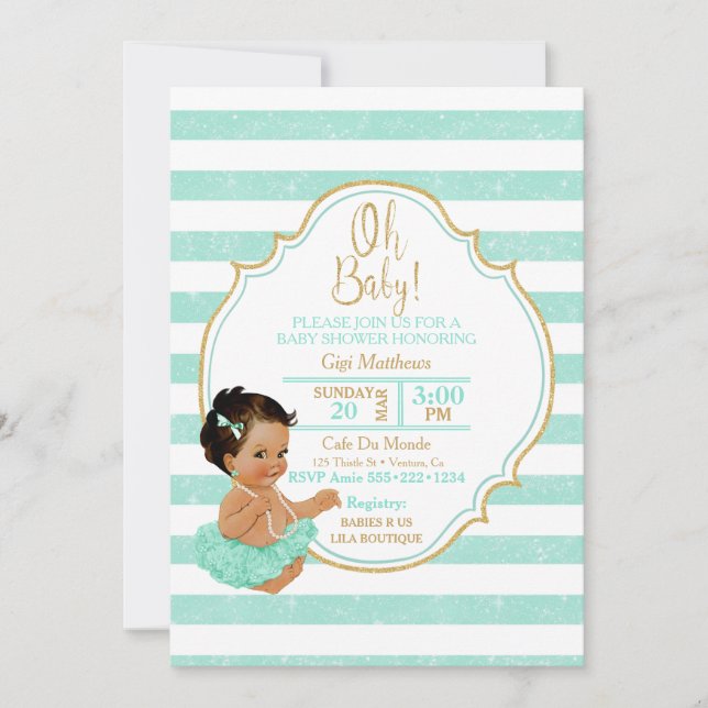 Invitation Princesse Baby Mint Tutu Stripes Gold Parties scin (Devant)