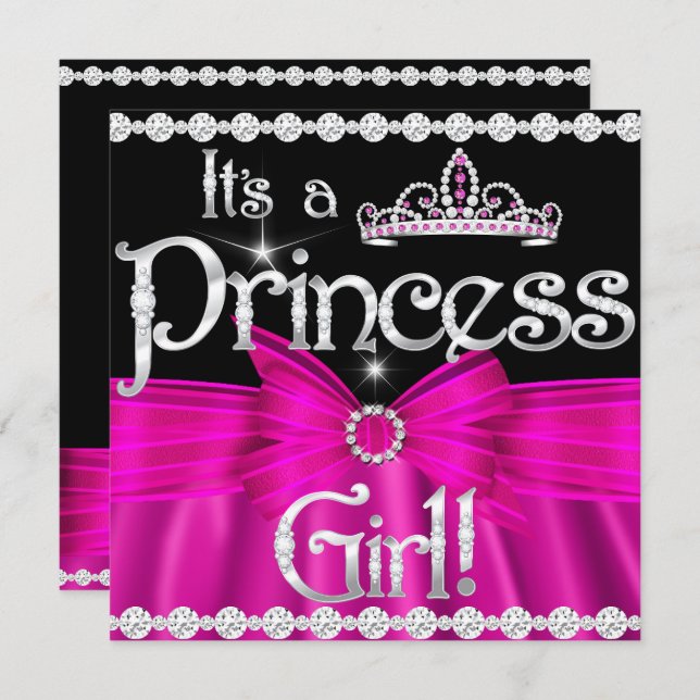 Invitation Princesse Baby shower Bow Rose Chaud Argent Tiara  (Devant / Derrière)