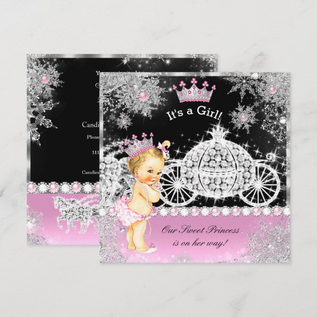 Invitation Princesse Baby shower Carriage rose Blonde noir (Devant / Derrière)