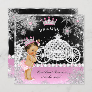 Invitation Princesse Baby shower Carriage rose noir Brunette
