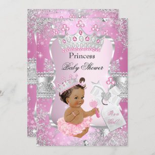 Invitation Princesse Baby shower en argent rose Brunette Girl