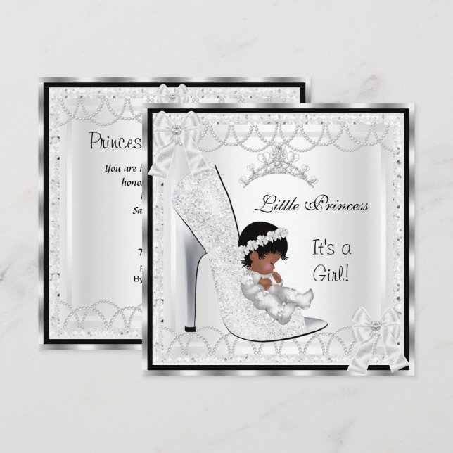 Invitation Princesse Baby Shower Fille Argent Chaussure Blanc (Devant / Derrière)