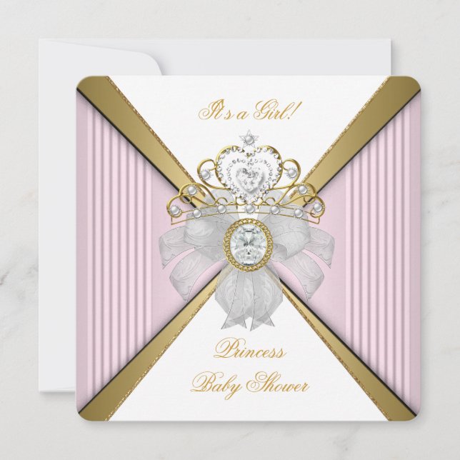 Invitation Princesse Baby Shower Fille Blanc Rose Or (Devant)