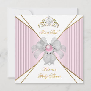 Invitation Princesse Baby shower fille blanche rose Pearl or