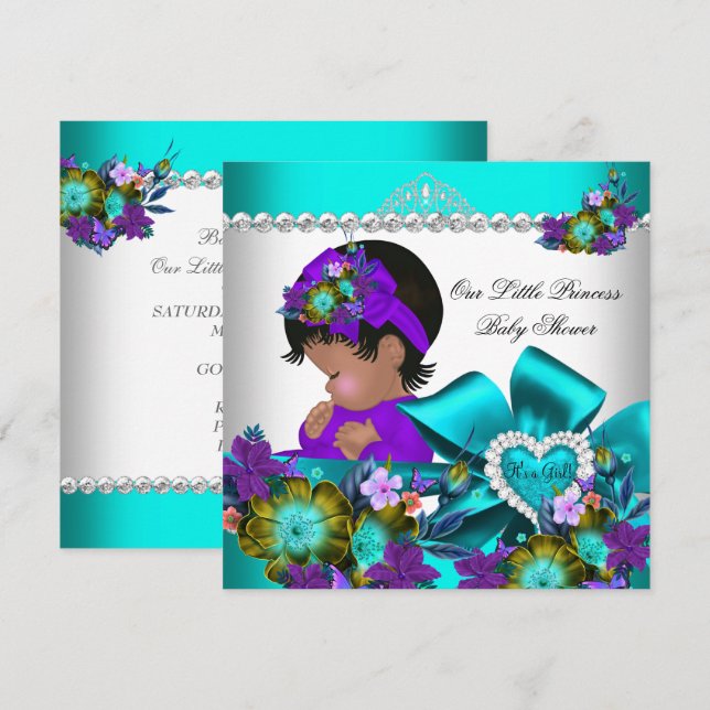 Invitation Princesse Baby Shower Fille Bleu Sarcelle Violet 3 (Devant / Derrière)