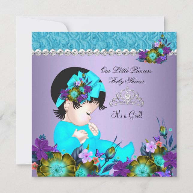 Invitation Princesse Baby Shower Fille Bleu Sarcelle Violet 3 (Devant)