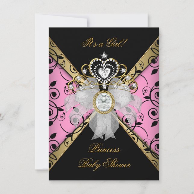 Invitation Princesse Baby shower Fille Damas rose noire (Devant)