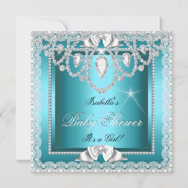 Invitation Princesse Baby Shower Fille Dentelle Sarcelle Diam (Devant)